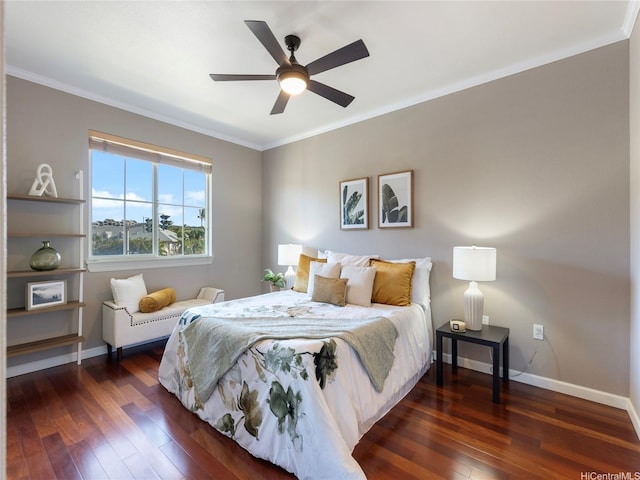 bedroom featuring wood-type flooring, crown molding, ceiling fan, and baseboards
