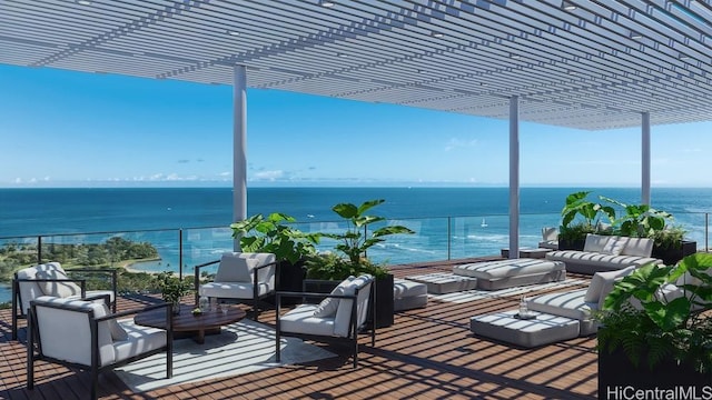 1538 Kapiolani Blvd Unit 3304, Honolulu, HI 96814 - wooden deck featuring outdoor lounge area, a pergola, and a water view