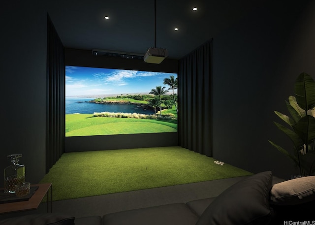 1538 Kapiolani Blvd Unit 3304, Honolulu, HI 96814 - recreation room with a water view, carpet, golf simulator, and recessed lighting