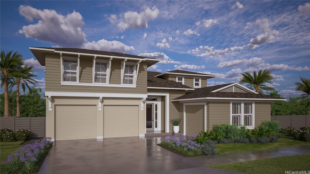 91-1405 Halili St, Ewa Beach, HI 96706 - view of front of home featuring fence, driveway, roof with shingles, and a garage