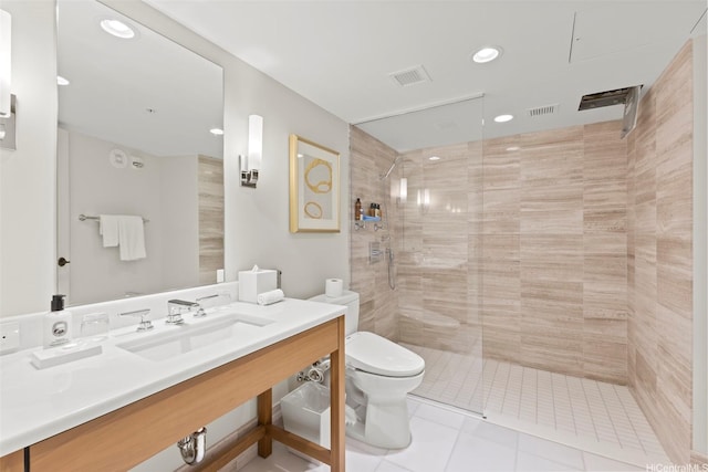 full bathroom with vanity, tile patterned flooring, toilet, recessed lighting, and a walk in shower