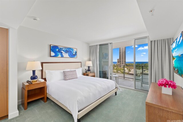 bedroom with carpet floors, floor to ceiling windows, and access to exterior