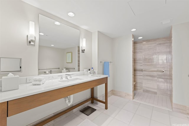 full bath featuring recessed lighting, baseboards, walk in shower, and vanity