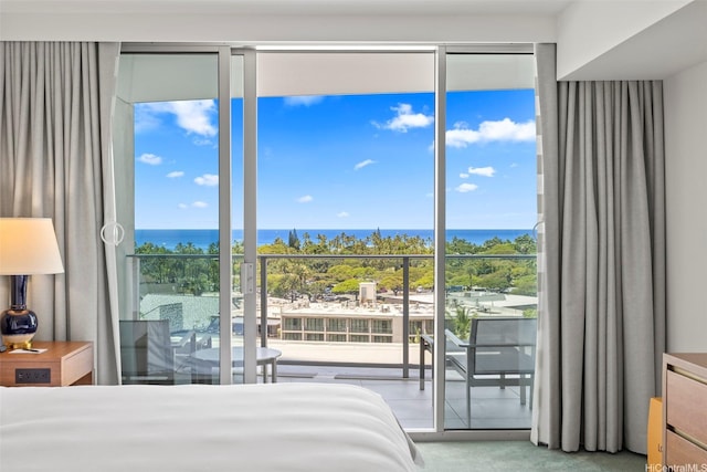 bedroom featuring a water view and access to outside