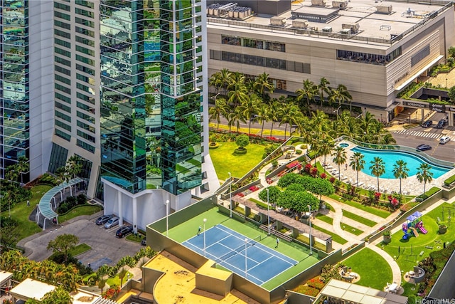 aerial view of a pool area