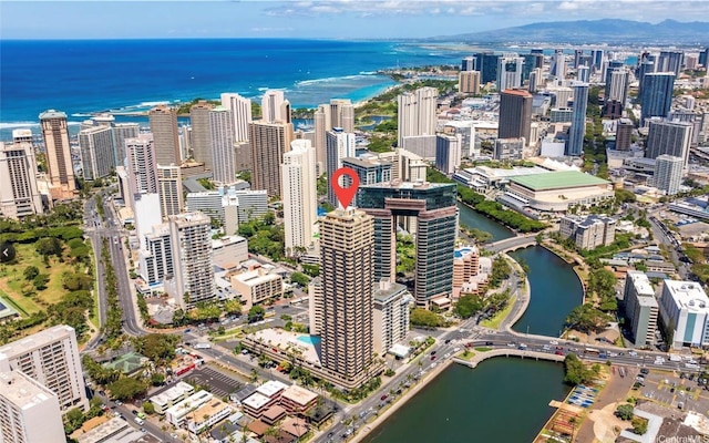 bird's eye view featuring a city view and a water view