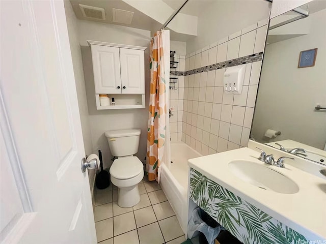 full bath with vanity, toilet, tile patterned floors, shower / bath combo with shower curtain, and visible vents