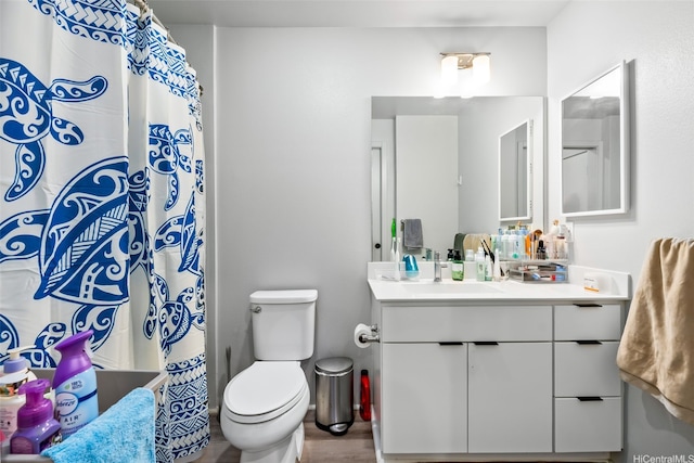 full bathroom featuring toilet, wood finished floors, and vanity