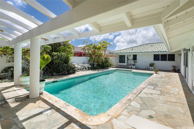 view of pool featuring a pergola, a patio, a fenced in pool, and a fenced backyard