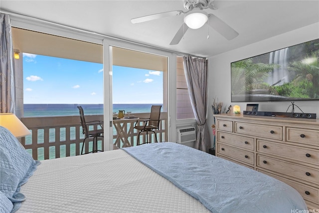 bedroom featuring a ceiling fan, multiple windows, and cooling unit