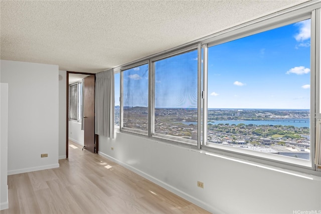 unfurnished room featuring baseboards, light wood-type flooring, a textured ceiling, and a wealth of natural light