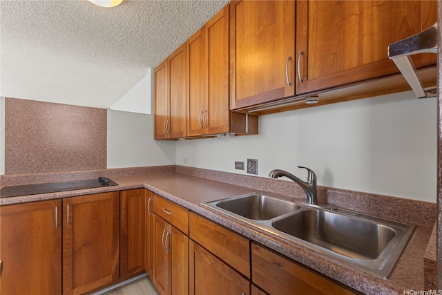 kitchen with a sink, a textured ceiling, and brown cabinets