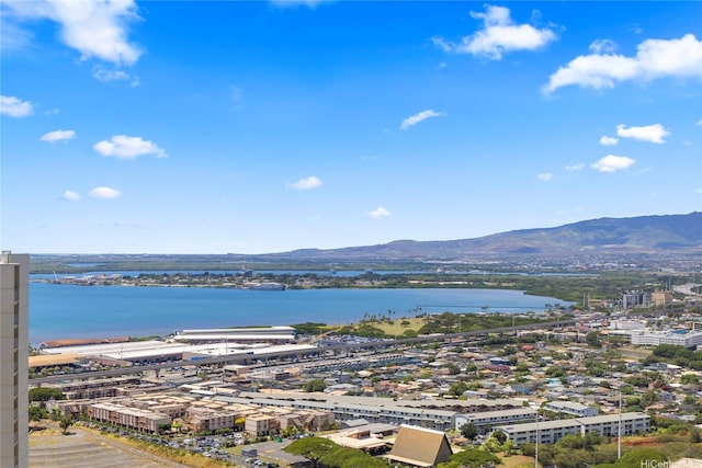 bird's eye view featuring a water and mountain view
