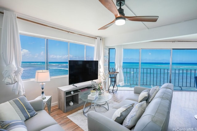 living area featuring a ceiling fan, baseboards, a wealth of natural light, and wood finished floors