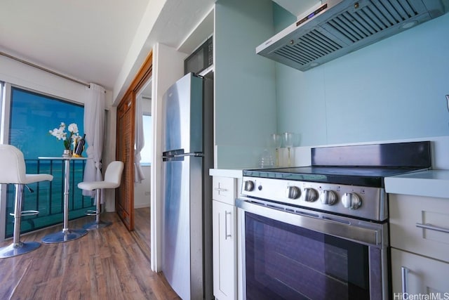 kitchen featuring appliances with stainless steel finishes, exhaust hood, and wood finished floors
