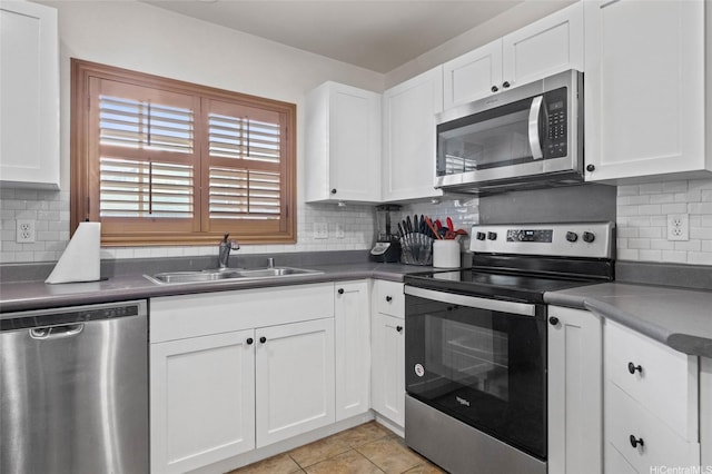 kitchen with a sink, white cabinetry, tasteful backsplash, and stainless steel appliances