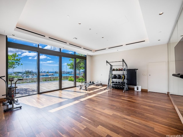 interior space featuring a tray ceiling, wood finished floors, and recessed lighting
