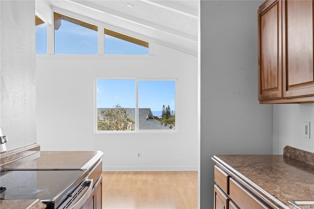kitchen with brown cabinetry, lofted ceiling, dark countertops, light wood-style flooring, and stainless steel electric range oven