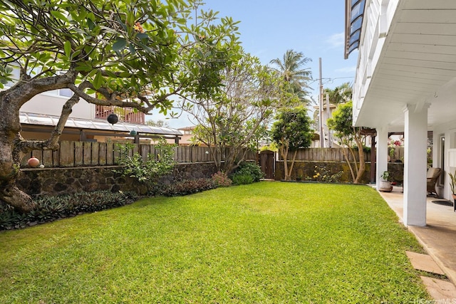 view of yard featuring a patio and a fenced backyard