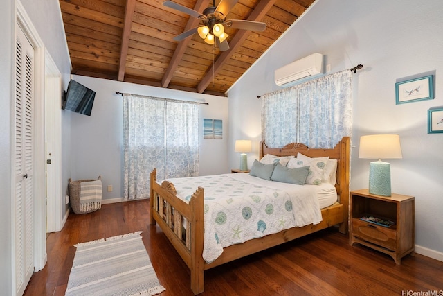 bedroom featuring a wall mounted AC, wood finished floors, wooden ceiling, baseboards, and vaulted ceiling with beams