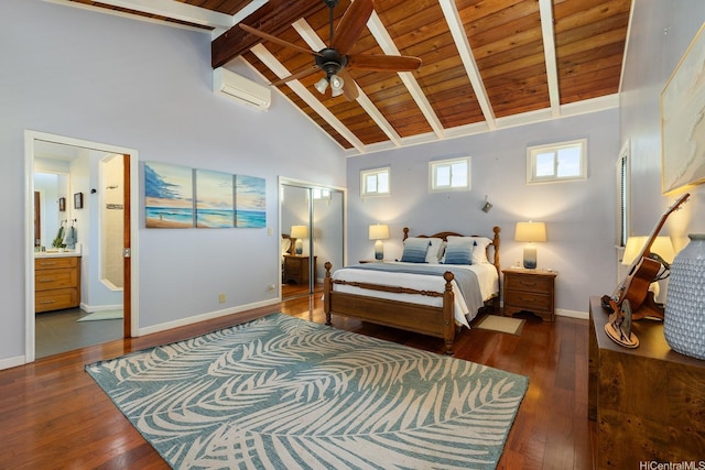 bedroom with wood-type flooring, a wall unit AC, beam ceiling, and wooden ceiling