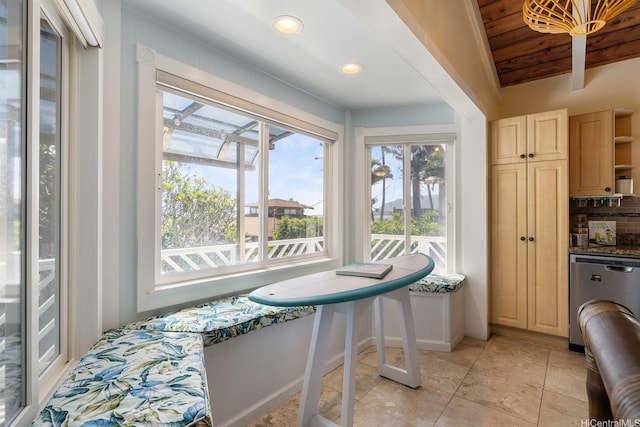 dining space featuring light tile patterned floors, wood ceiling, baseboards, and recessed lighting