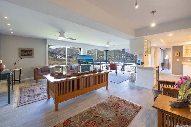 1022 Prospect St Unit 903E, Honolulu, HI 96822 - living area featuring ceiling fan, light wood-type flooring, baseboards, and recessed lighting