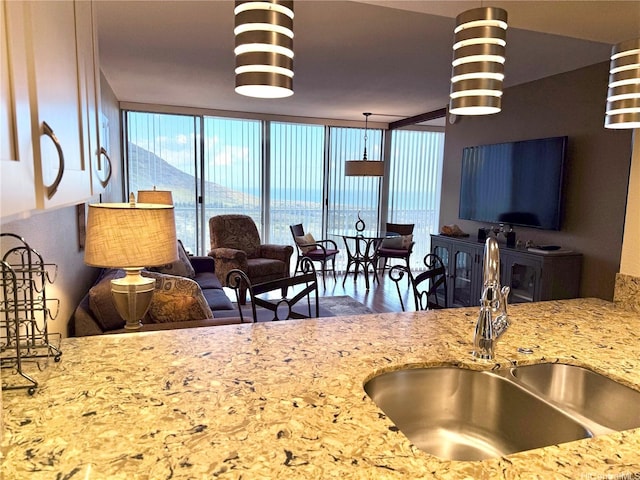 kitchen with a sink, wood finished floors, open floor plan, and light stone countertops