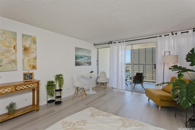 living area featuring a textured ceiling and wood finished floors