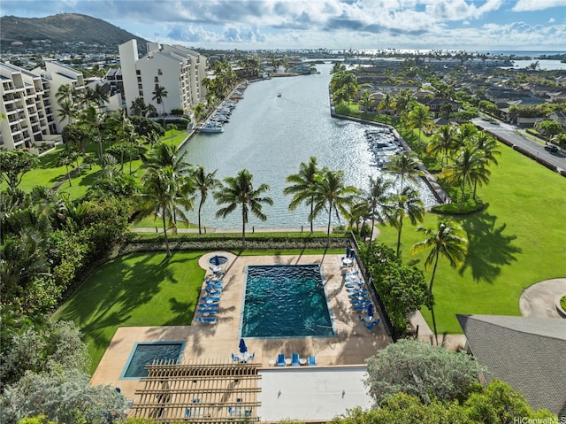 drone / aerial view with a water view