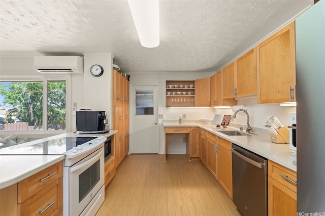 760 Onaha St, Honolulu, HI 96816 - kitchen featuring appliances with stainless steel finishes, a sink, a wall unit AC, a textured ceiling, and open shelves