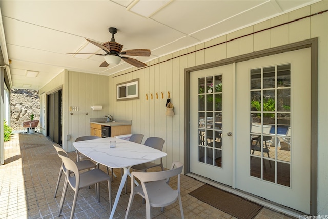 760 Onaha St, Honolulu, HI 96816 - view of patio / terrace with french doors, a sink, a ceiling fan, outdoor dining area, and wine cooler