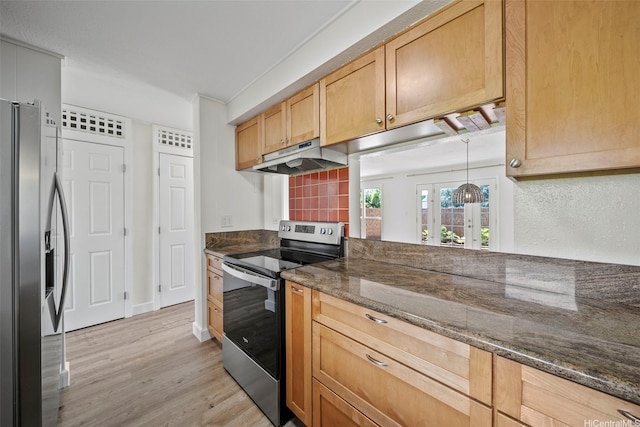 92-783 Makakilo Dr Unit C19, Kapolei, HI 96707 - kitchen featuring appliances with stainless steel finishes, under cabinet range hood, light wood finished floors, dark stone counters, and backsplash