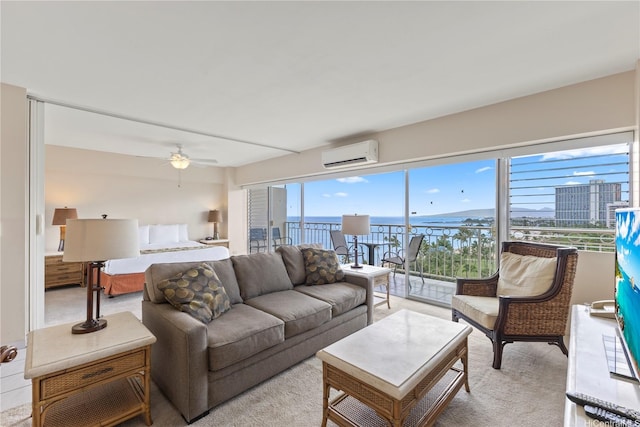 2161 Kalia Rd Unit 1112, Honolulu, HI 96815 - living room with a wall mounted AC, a ceiling fan, light carpet, and a water view