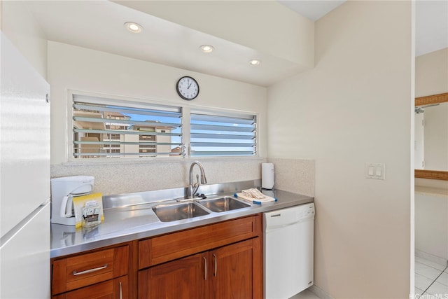 2161 Kalia Rd Unit 1112, Honolulu, HI 96815 - kitchen featuring white appliances, stainless steel counters, a sink, brown cabinetry, and recessed lighting