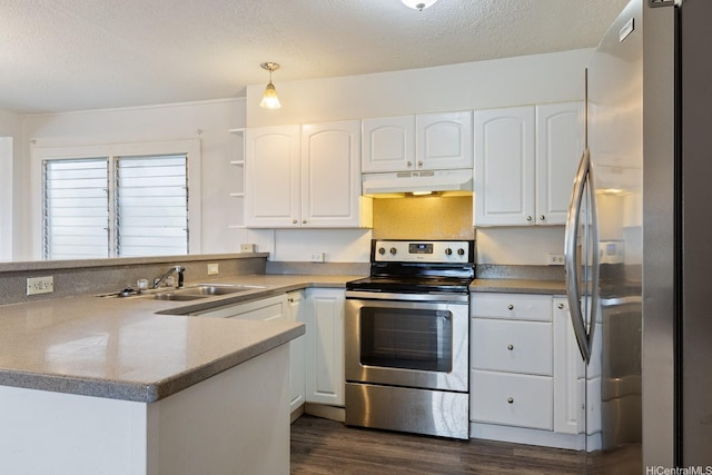 1180 Wanaka St, Honolulu, HI 96818 - kitchen featuring stainless steel appliances, under cabinet range hood, a sink, dark wood-style flooring, and white cabinets