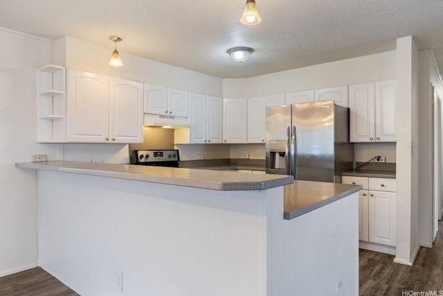 1180 Wanaka St, Honolulu, HI 96818 - kitchen featuring under cabinet range hood, appliances with stainless steel finishes, a peninsula, dark wood finished floors, and white cabinetry