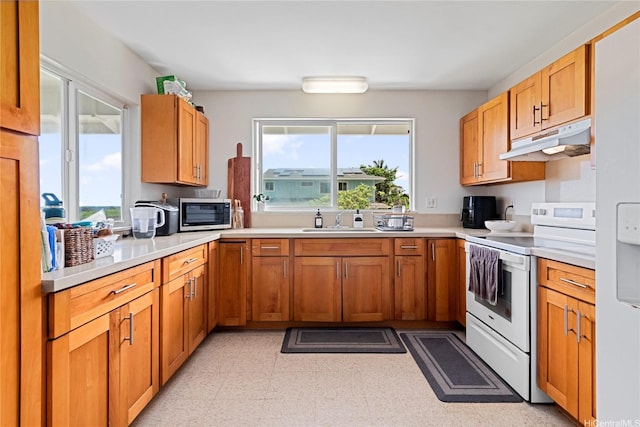kitchen with a sink, light countertops, under cabinet range hood, and electric range