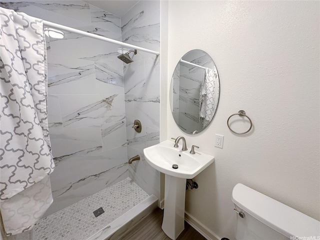 full bathroom featuring toilet, a stall shower, and a sink