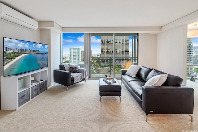1200 Queen Emma St Unit 1401, Honolulu, HI 96813 - living room featuring carpet flooring, a city view, and a wall unit AC