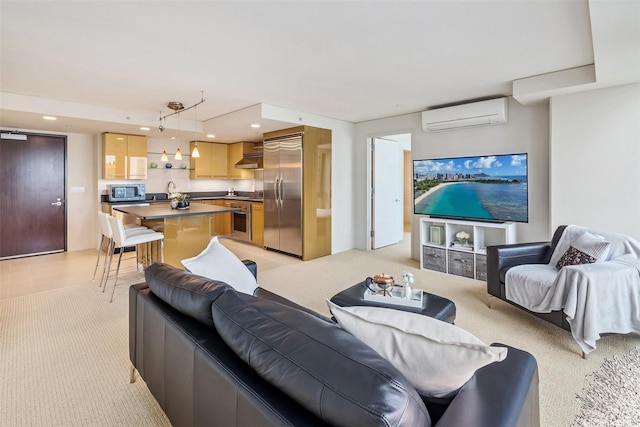 1200 Queen Emma St Unit 1401, Honolulu, HI 96813 - living room featuring light colored carpet, a wall mounted AC, and recessed lighting