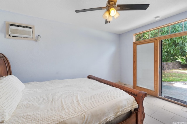 bedroom featuring a ceiling fan, access to outside, and a wall mounted air conditioner