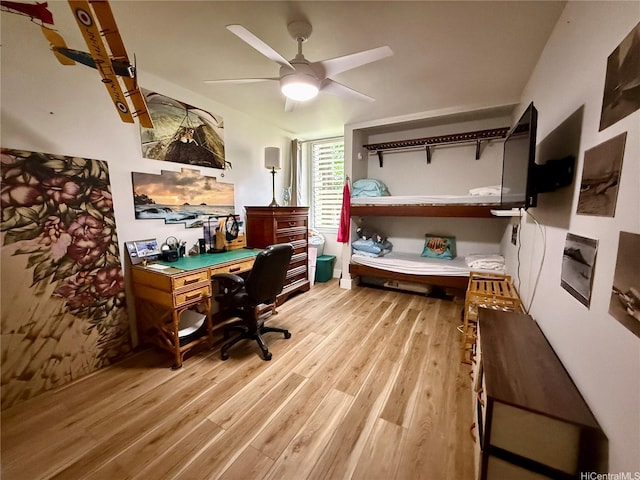 office space with ceiling fan and light wood-style flooring