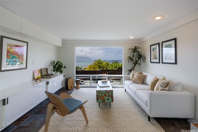 44-102 Kauinohea Pl, Kaneohe, HI 96744 - living area featuring stone tile floors and crown molding