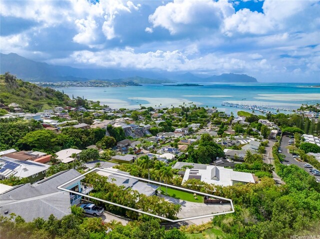 44-102 Kauinohea Pl, Kaneohe, HI 96744 - aerial perspective of suburban area featuring a water and mountain view and property parcel outlined