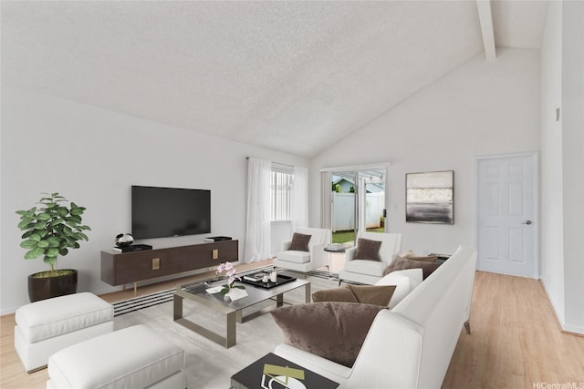 living room with light wood-style flooring, beamed ceiling, high vaulted ceiling, and baseboards