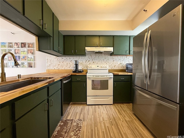 990 Ala Nanala St Unit 19A, Honolulu, HI 96818 - kitchen with stainless steel refrigerator, green cabinetry, white range with electric cooktop, under cabinet range hood, and wood counters