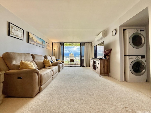 990 Ala Nanala St Unit 19A, Honolulu, HI 96818 - carpeted living area featuring stacked washer and clothes dryer, a wall mounted AC, and expansive windows