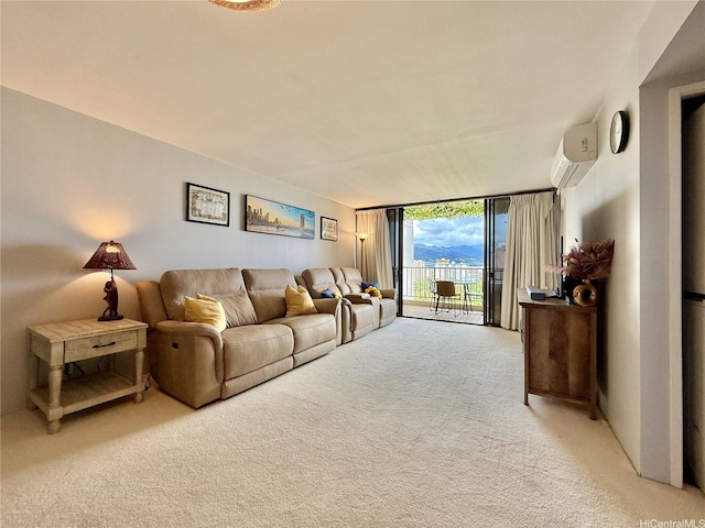990 Ala Nanala St Unit 19A, Honolulu, HI 96818 - living room featuring light colored carpet, expansive windows, and a wall mounted air conditioner