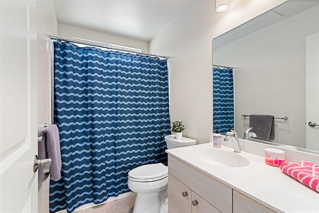 full bath with vanity, toilet, a shower with curtain, and tile patterned floors